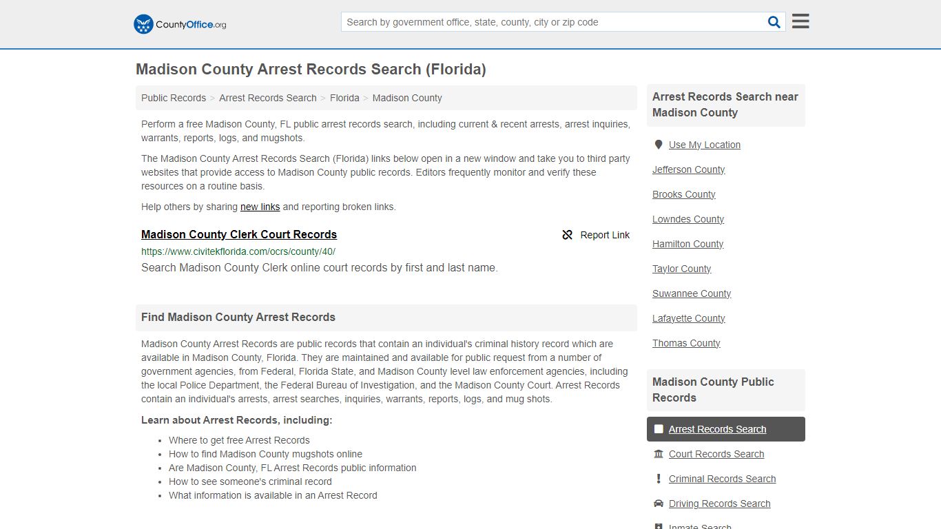 Madison County Arrest Records Search (Florida) - County Office